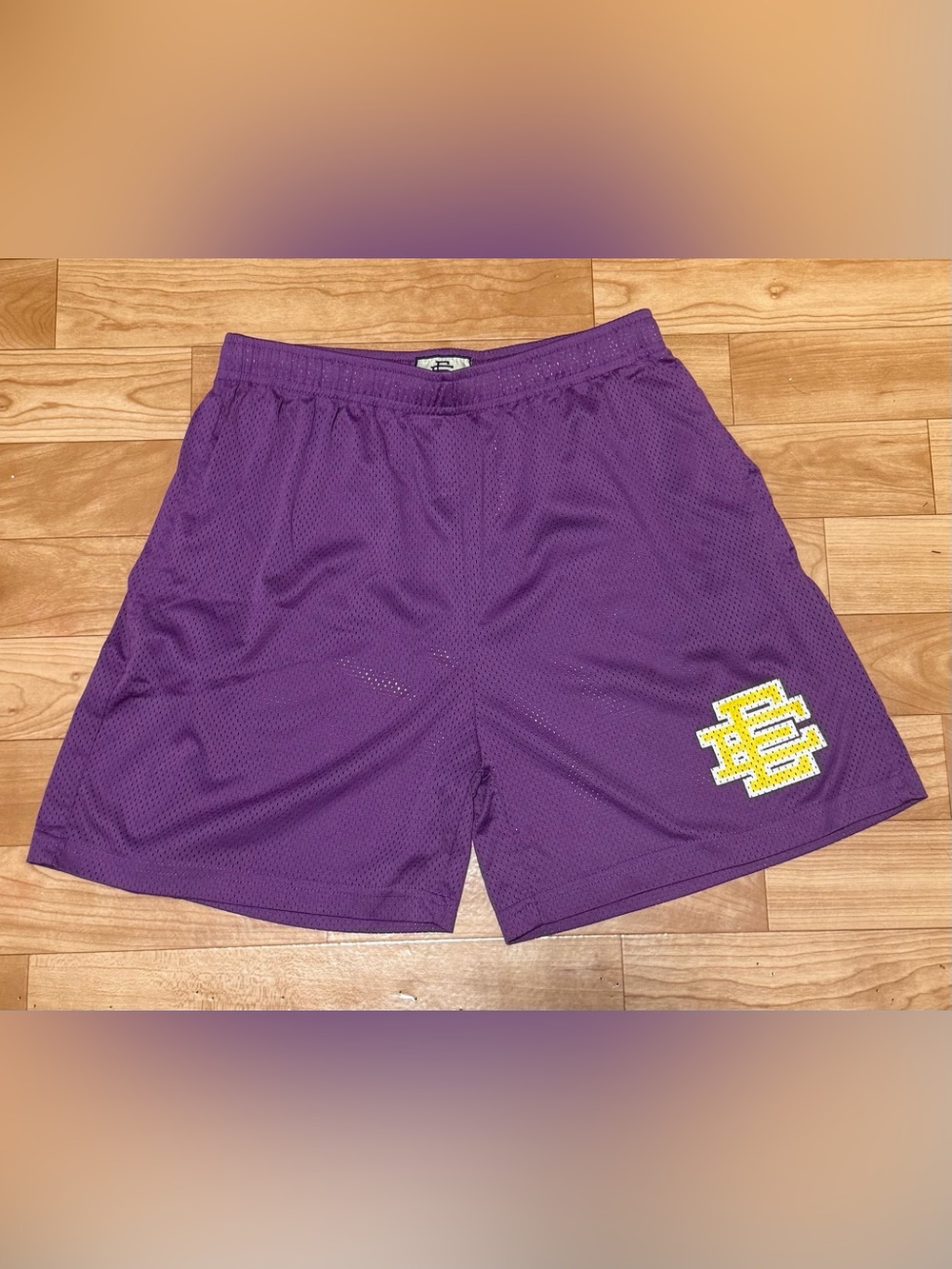 Eric Emanuel Purple Mesh Athletic Shorts with Yellow Patch